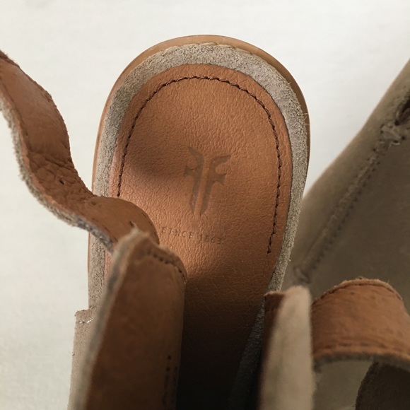 FRYE Dani Shield Sling Back Sandal Heels Open toe Wood wmn 6.5 black Or tan New - Picture 14 of 15